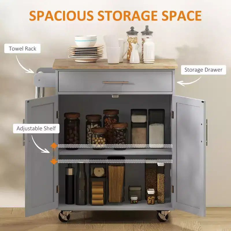 Carrello da Cucina Isola Carrello Rotelle con Cassetto, Armadietto Contenitore e Portasciugamani