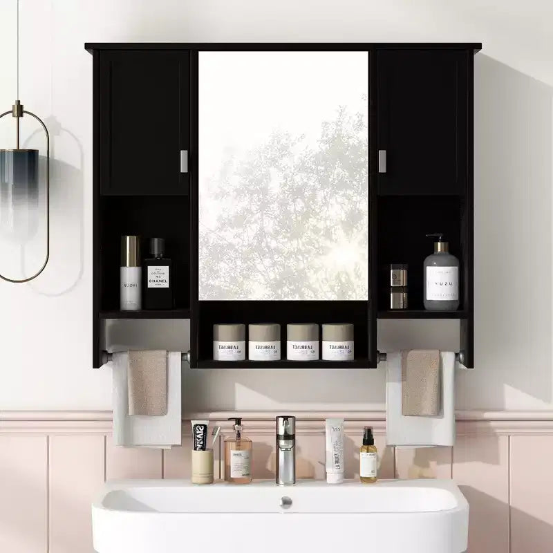 MAYEERTY 28.7 Wall Mounted Bathroom Mirror Cabinet with Concealed Storage 6 Open Shelves Medicine Cabinet Black