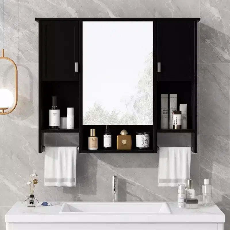 Mobile specchio da bagno montato a parete da 72,9 cm nero con 6 ripiani a giorno e vano nascosto