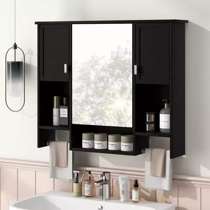 Mobile specchio da bagno montato a parete da 72,9 cm nero con 6 ripiani a giorno e vano nascosto