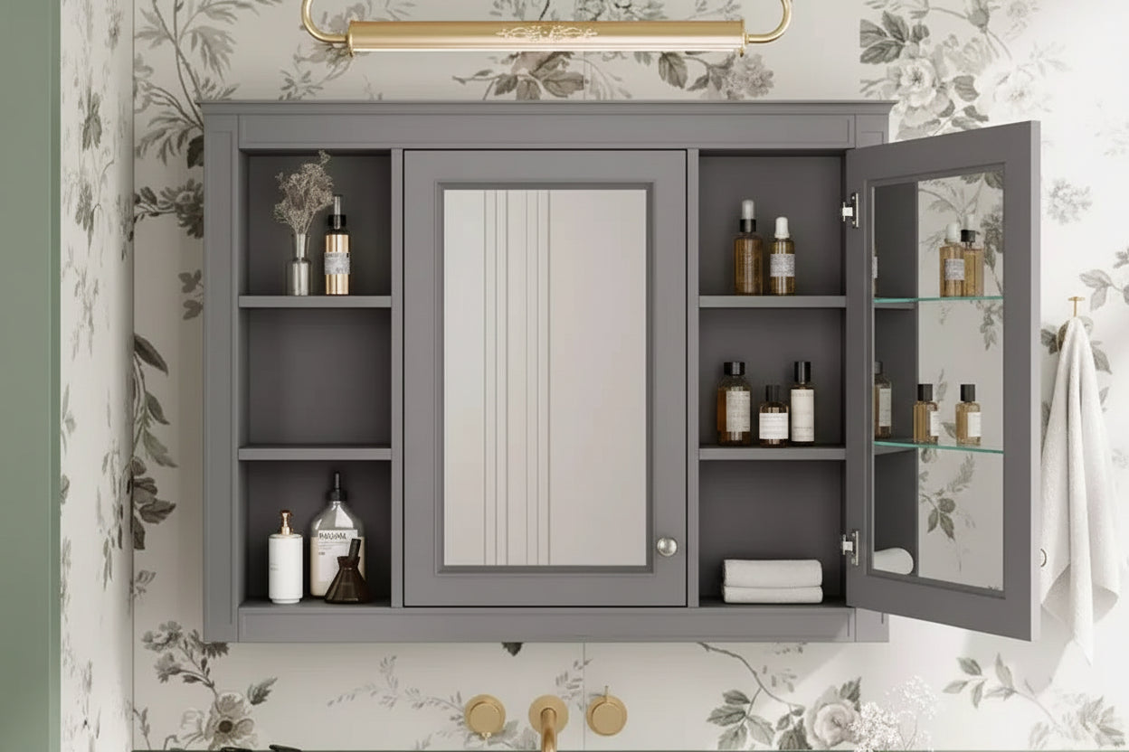 MAYEERTY 27.5 Medicine Cabinet, Wall Mounted Bathroom Storage Cabinet with Mirror 6 Open Shelves Modern Gray