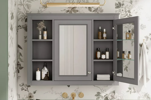 MAYEERTY 27.5 Medicine Cabinet, Wall Mounted Bathroom Storage Cabinet with Mirror 6 Open Shelves Modern Gray