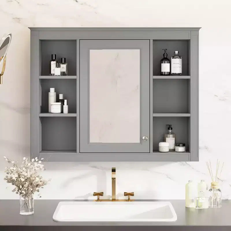 Pensile da bagno con specchio 6 ripiani a giorno 69,85 cm Moderno grigio