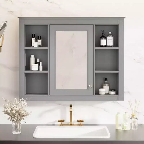 Pensile da bagno con specchio 6 ripiani a giorno 69,85 cm Moderno grigio