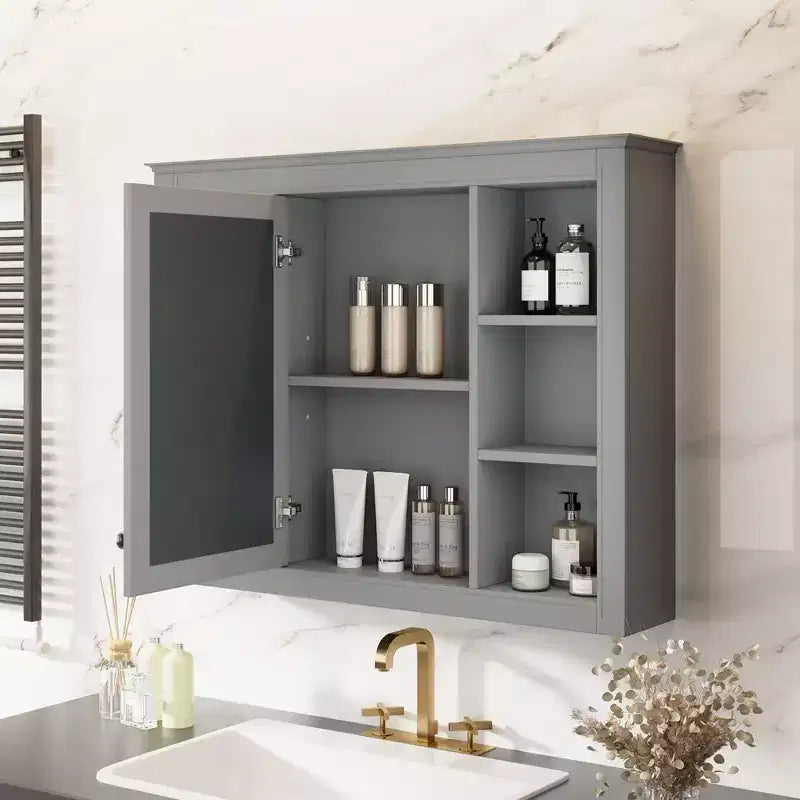 Pensile da bagno con specchio 6 ripiani a giorno 69,85 cm Moderno grigio