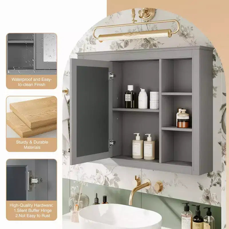 Pensile da bagno con specchio 6 ripiani a giorno 69,85 cm Moderno grigio