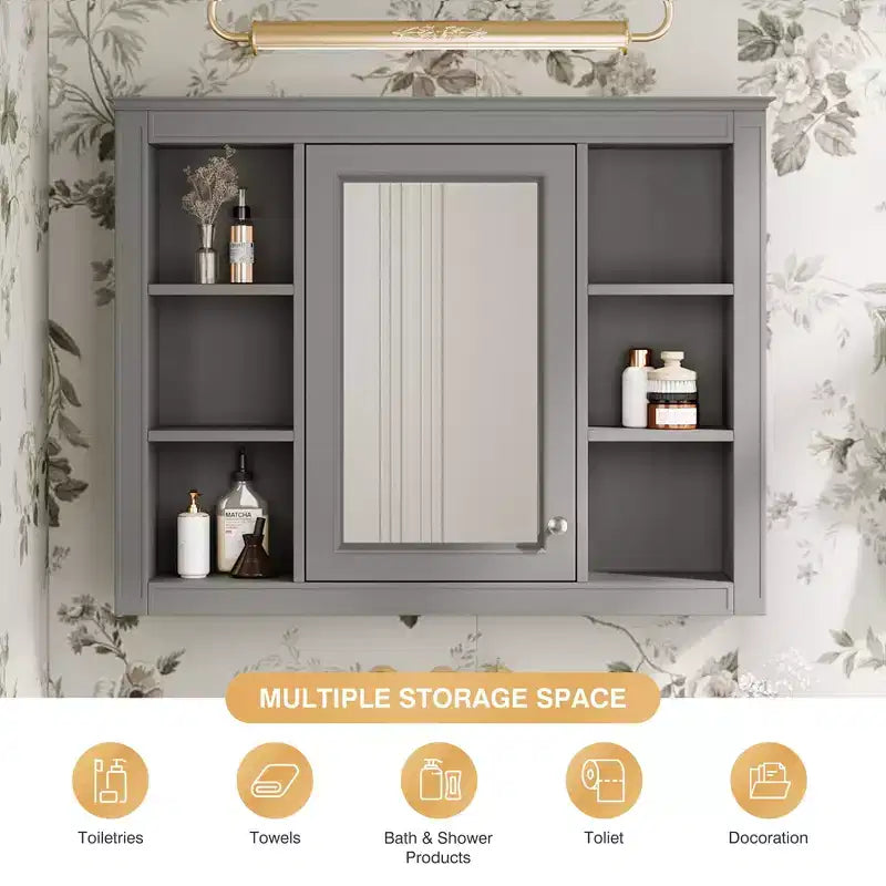 Pensile da bagno con specchio 6 ripiani a giorno 69,85 cm Moderno grigio