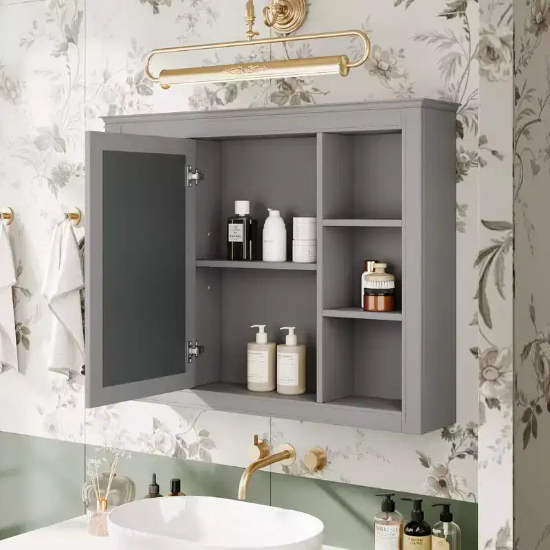 Pensile da bagno con specchio 6 ripiani a giorno 69,85 cm Moderno grigio