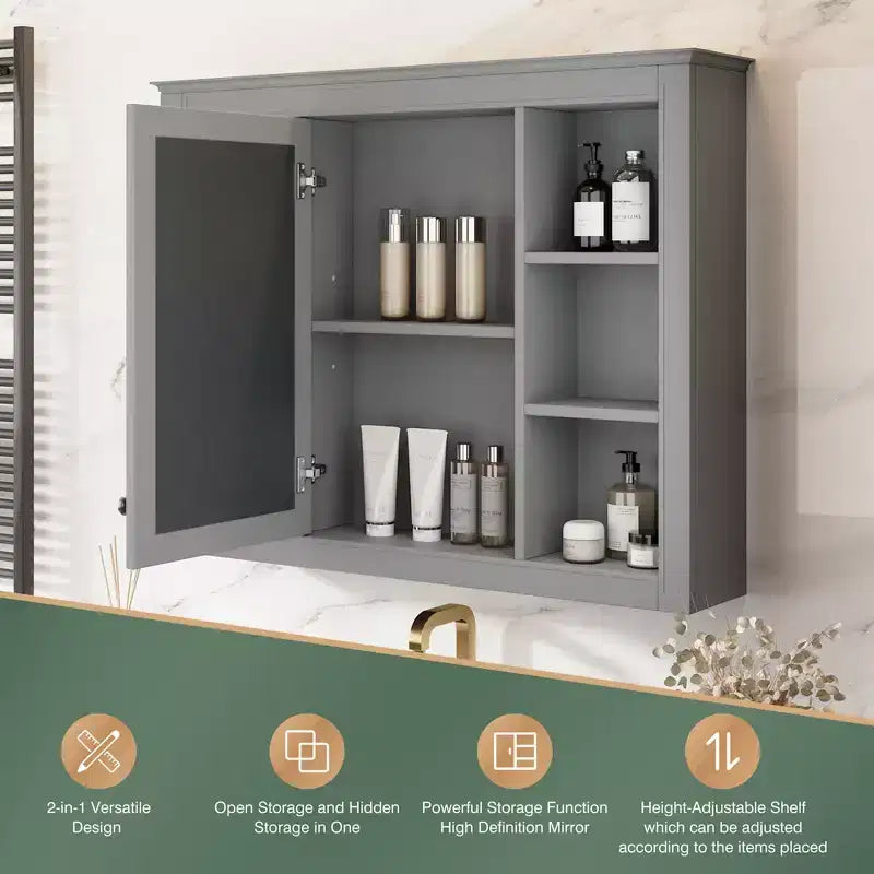 Pensile da bagno con specchio 6 ripiani a giorno 69,85 cm Moderno grigio