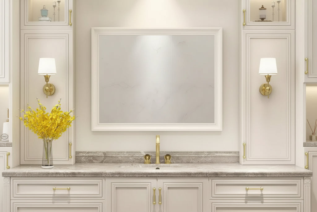 MAYEERTY 28.74 Wall Mounted Bathroom Storage Cabinet with Mirror Door 6 Open Shelves, Modern Bathroom Wall Cabinet Beige