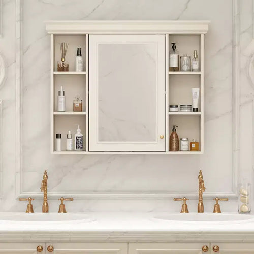 Armadietto da bagno a muro da 73 cm con specchio e 6 ripiani aperti, beige