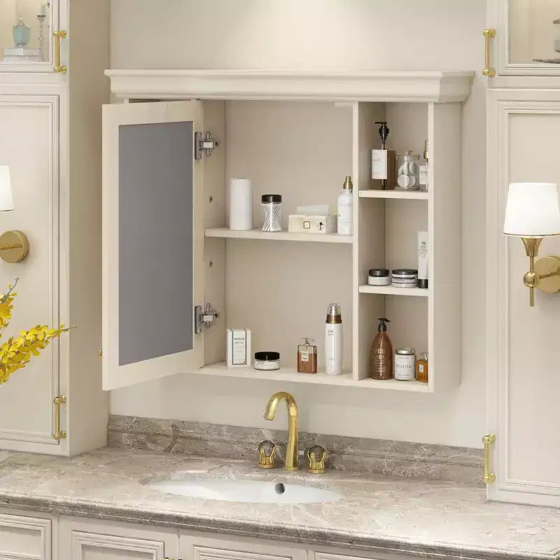 Armadietto da bagno a muro da 73 cm con specchio e 6 ripiani aperti, beige