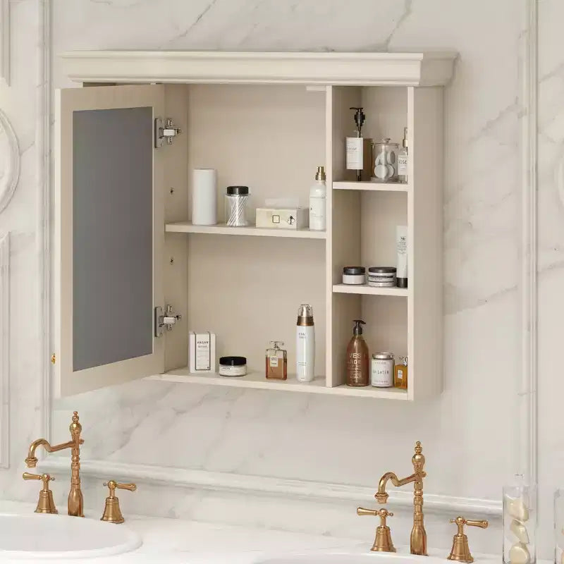 Armadietto da bagno a muro da 73 cm con specchio e 6 ripiani aperti, beige
