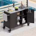 55.5 inch Outdoor Kitchen Island with 304 Stainless Steel Sink, Metal Grill Cart Table with 4 Lockable Wheels