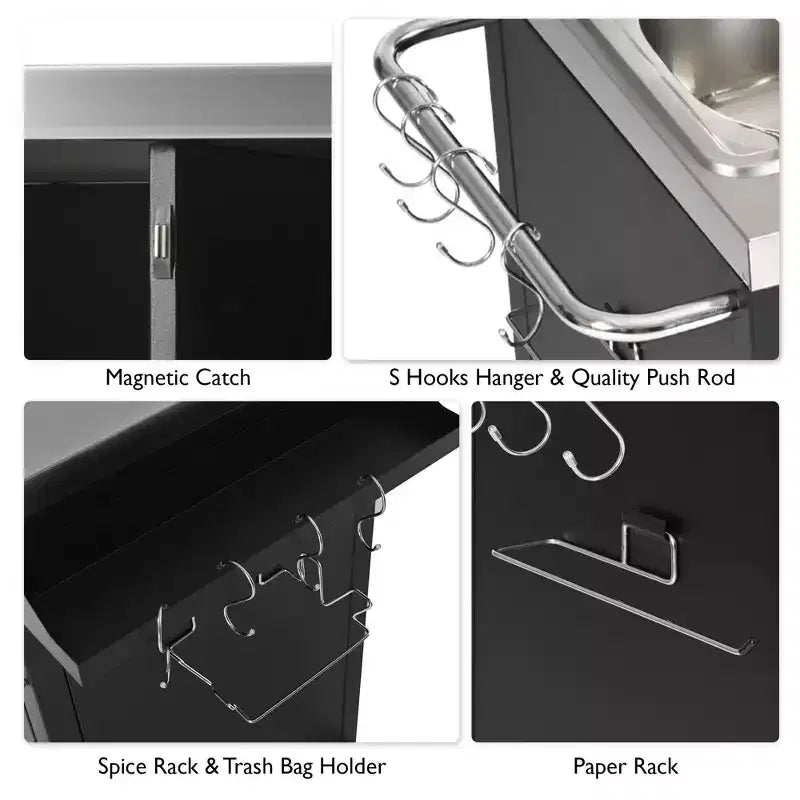 Isola cucina da esterno da 55,5 pollici con lavello in acciaio inossidabile 304, tavolo carrello grill in metallo con 4 ruote bloccabili
