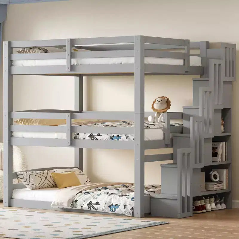 Whisen Twin Size Triple Bunk Bed with Storage Staircase, Separate Design