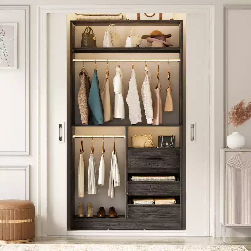 Organizer armadio autoportante da 36" con cassetti in legno e aste appendiabiti