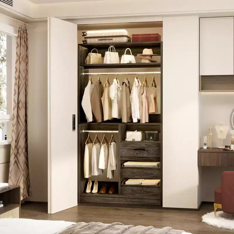 Organizer armadio autoportante da 36" con cassetti in legno e aste appendiabiti
