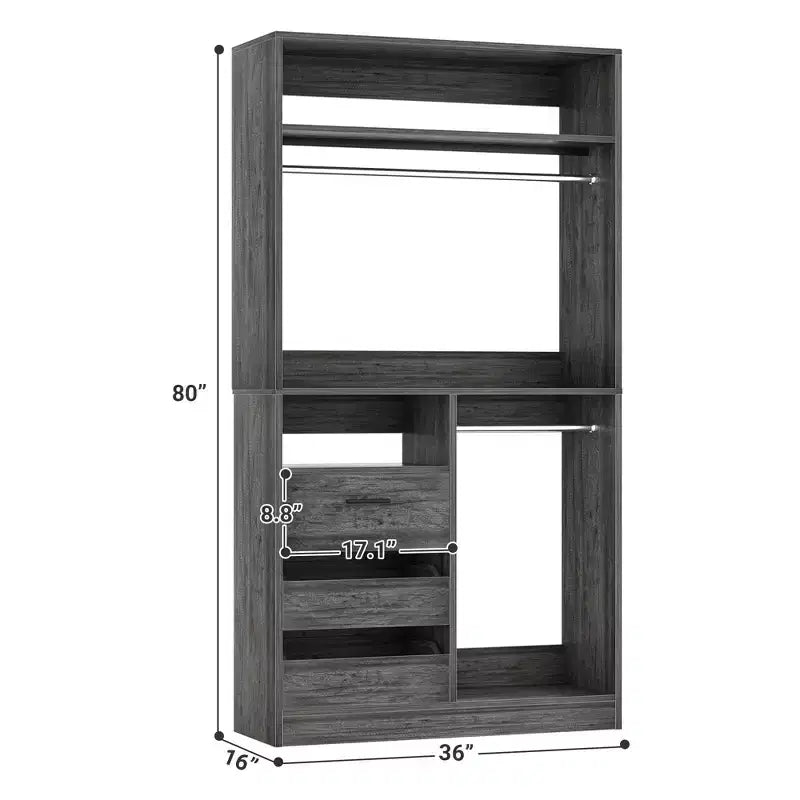 Organizer armadio autoportante da 36" con cassetti in legno e aste appendiabiti