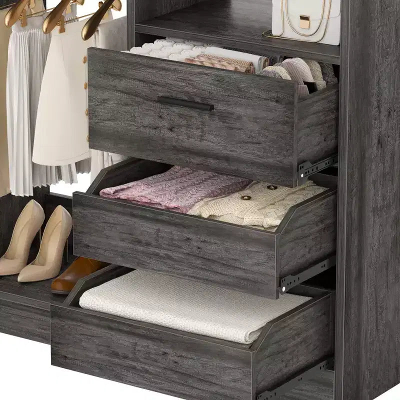 Organizer armadio autoportante da 36" con cassetti in legno e aste appendiabiti