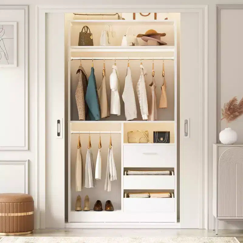 Organizer armadio autoportante da 36" con cassetti in legno e aste appendiabiti