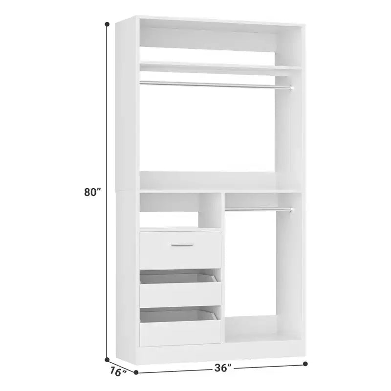 Organizer armadio autoportante da 36" con cassetti in legno e aste appendiabiti