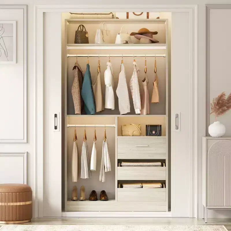 Organizer armadio autoportante da 36" con cassetti in legno e aste appendiabiti