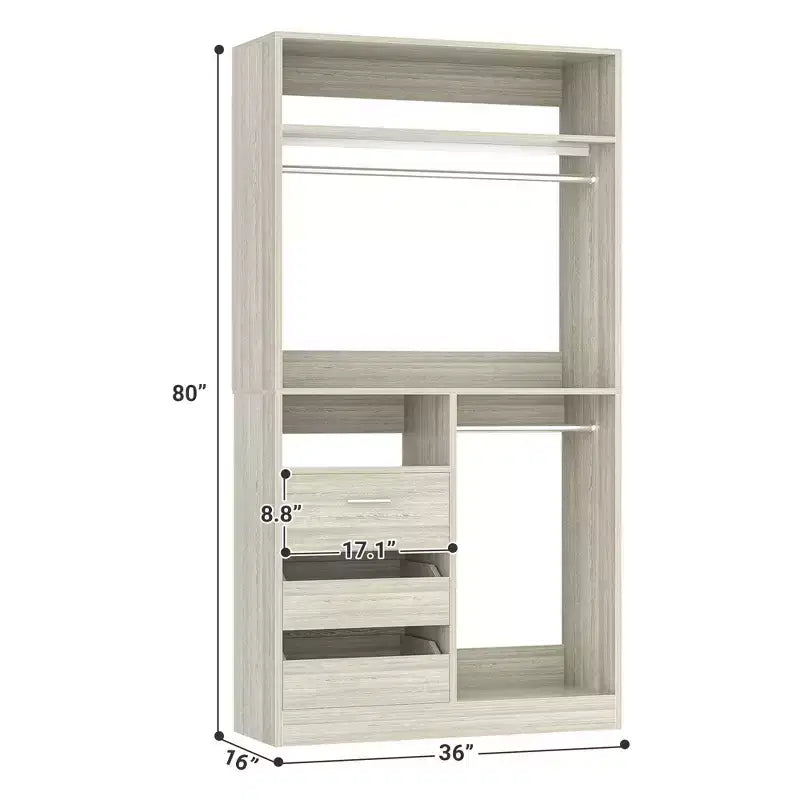Organizer armadio autoportante da 36" con cassetti in legno e aste appendiabiti