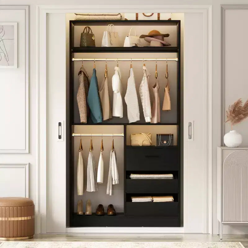 Organizer armadio autoportante da 36" con cassetti in legno e aste appendiabiti