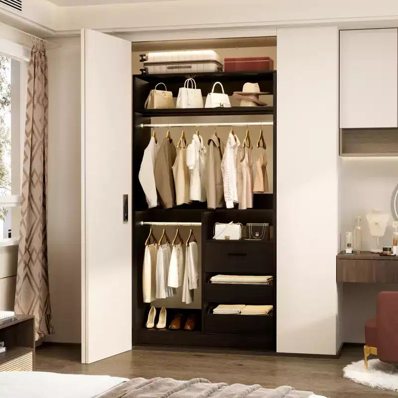 Organizer armadio autoportante da 36" con cassetti in legno e aste appendiabiti