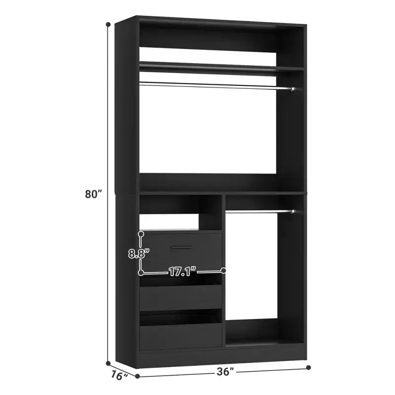 Organizer armadio autoportante da 36" con cassetti in legno e aste appendiabiti