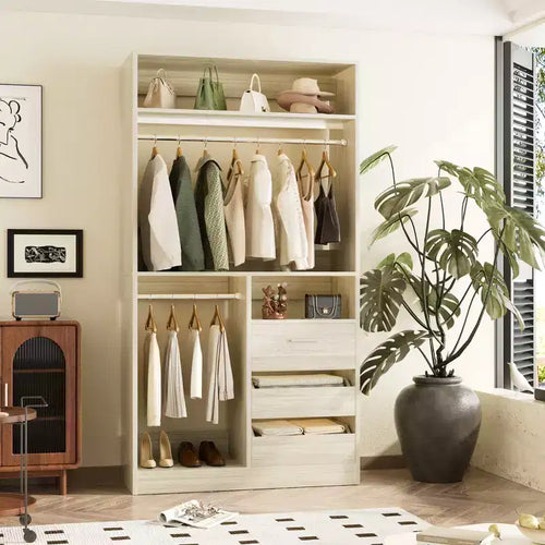 Besiost 36-In Closet Organizer with Wood Drawers, Freestanding Closet System with Hanging Rods