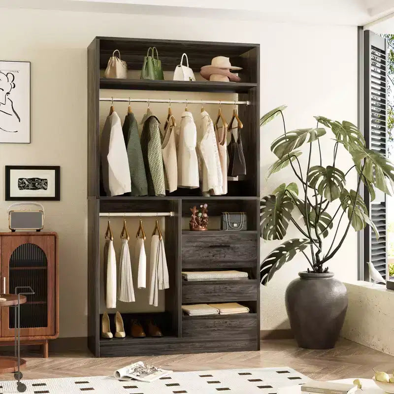 Organizer armadio autoportante da 36" con cassetti in legno e aste appendiabiti