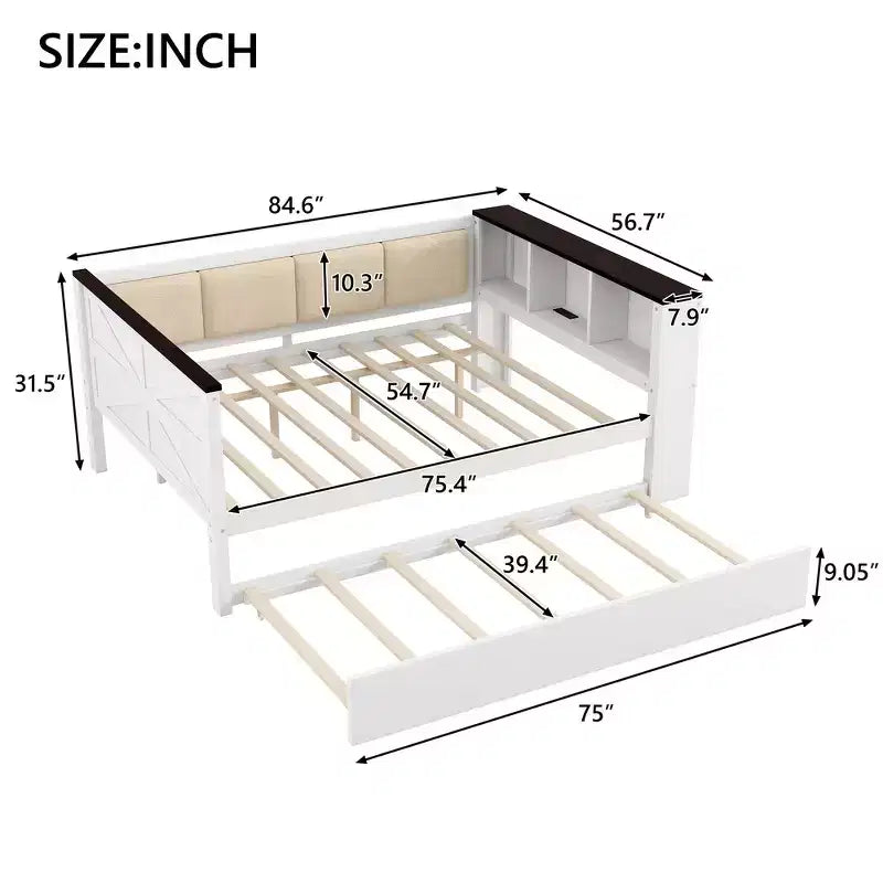 Letto a una piazza in legno con ripiani portaoggetti, schienale imbottito e letto estraibile