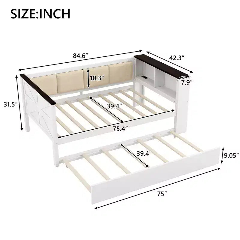 Letto a una piazza in legno con ripiani portaoggetti, schienale imbottito e letto estraibile