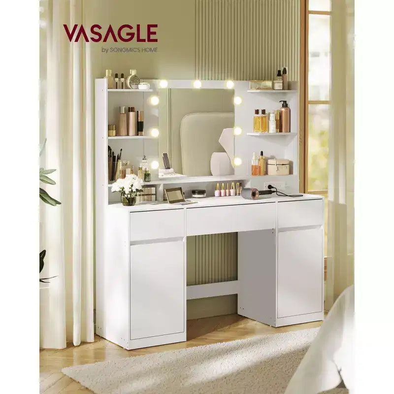 Vanity Desk with 9 LED Lights & Power Outlets, 43.3 Inch Makeup Table with 2 Cabinets, 3 Drawers & 8 Compartments, Dressing Table, Cloud White