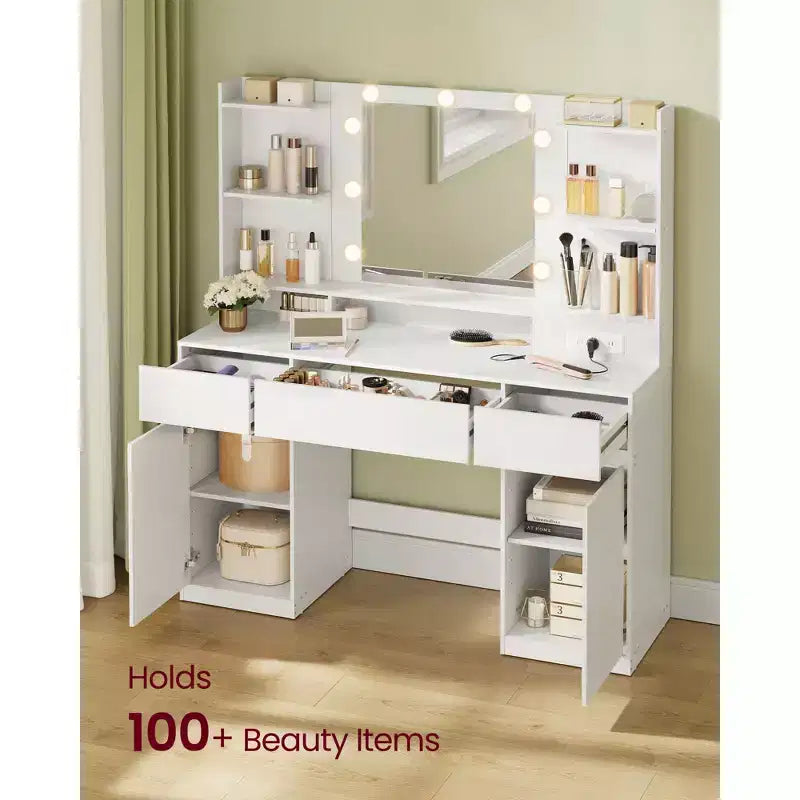 Tocador con 9 luces LED y tomas de corriente, mesa de maquillaje de 43,3 pulgadas con 2 armarios, 3 cajones y 8 compartimentos, mesa de tocador, blanco nube