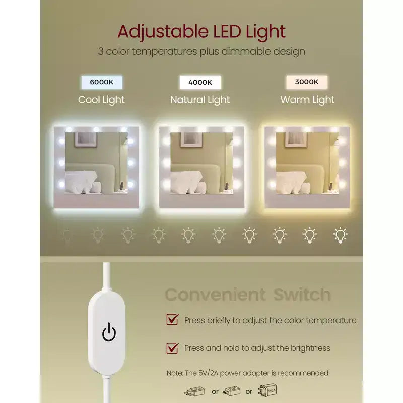 Tocador con 9 luces LED y tomas de corriente, mesa de maquillaje de 43,3 pulgadas con 2 armarios, 3 cajones y 8 compartimentos, mesa de tocador, blanco nube