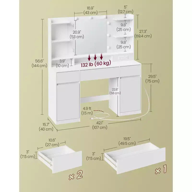 Tocador con 9 luces LED y tomas de corriente, mesa de maquillaje de 43,3 pulgadas con 2 armarios, 3 cajones y 8 compartimentos, mesa de tocador, blanco nube