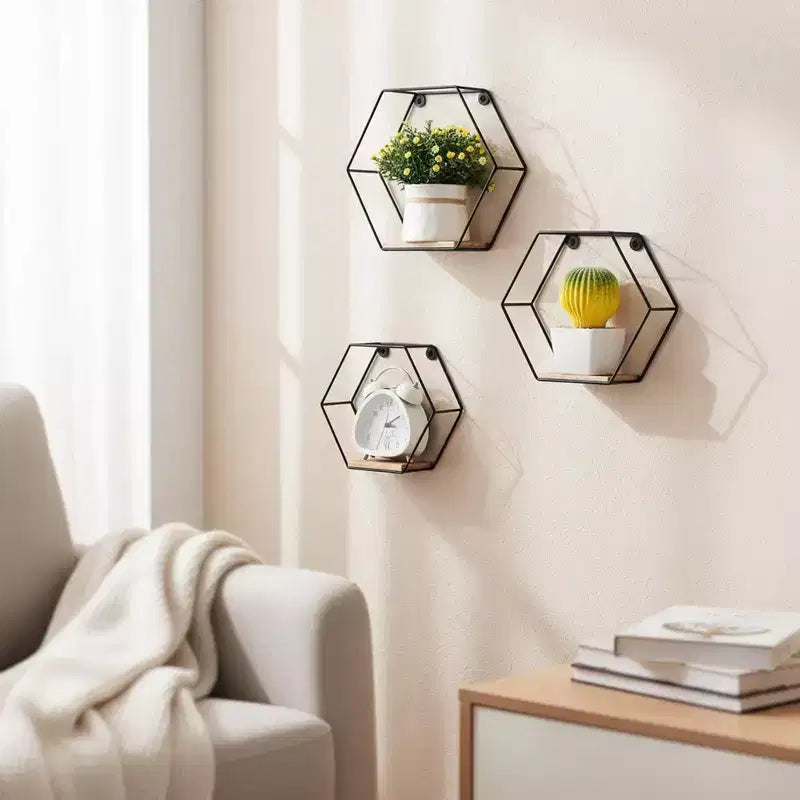 Homy Casa Wall Mounted Metal & Wood Floating Shelves Set of 3, Black