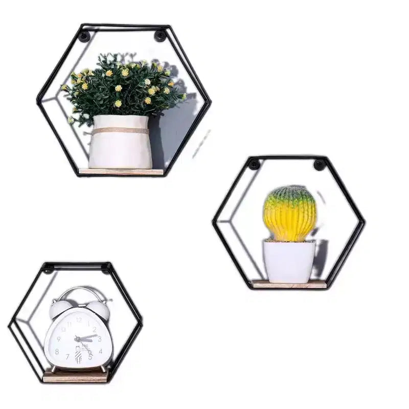 Set di 3 Mensole Galleggianti in Metallo e Legno da Parete Nere, Design Moderno