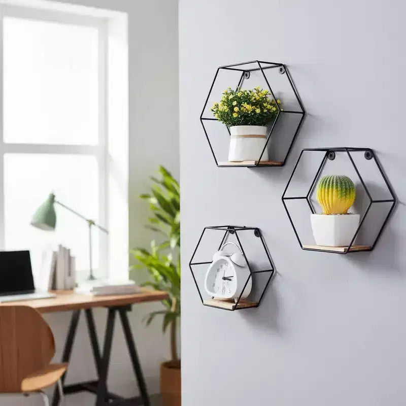 Set di 3 Mensole Galleggianti in Metallo e Legno da Parete Nere, Design Moderno