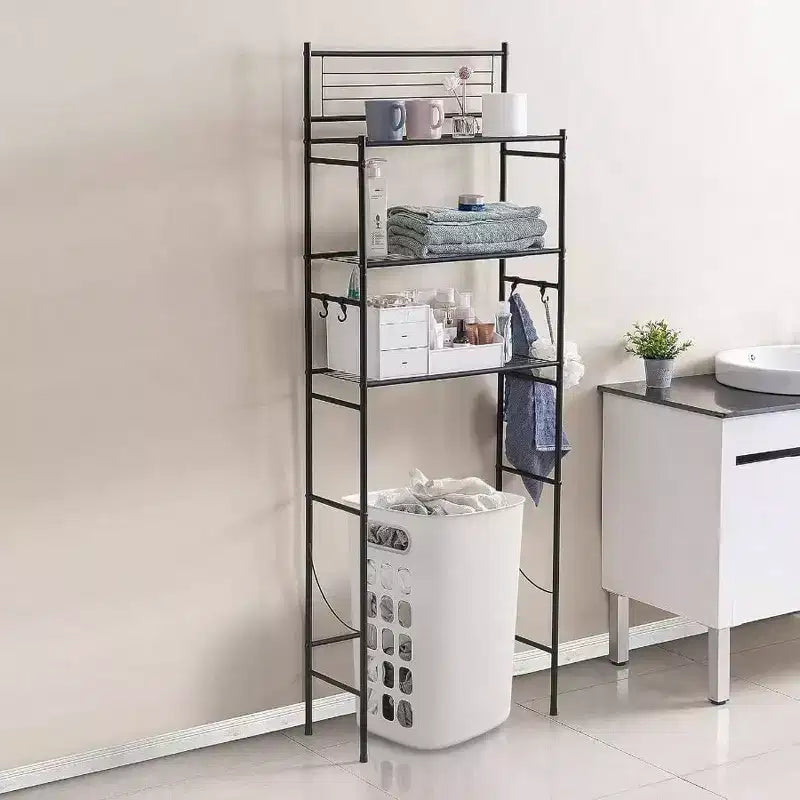 3 - Shelf Wire Freestanding Shelving Unit Over Toilet Storage Organizer Rack Bathroom Space Saver Includes 4 - Hooks Black