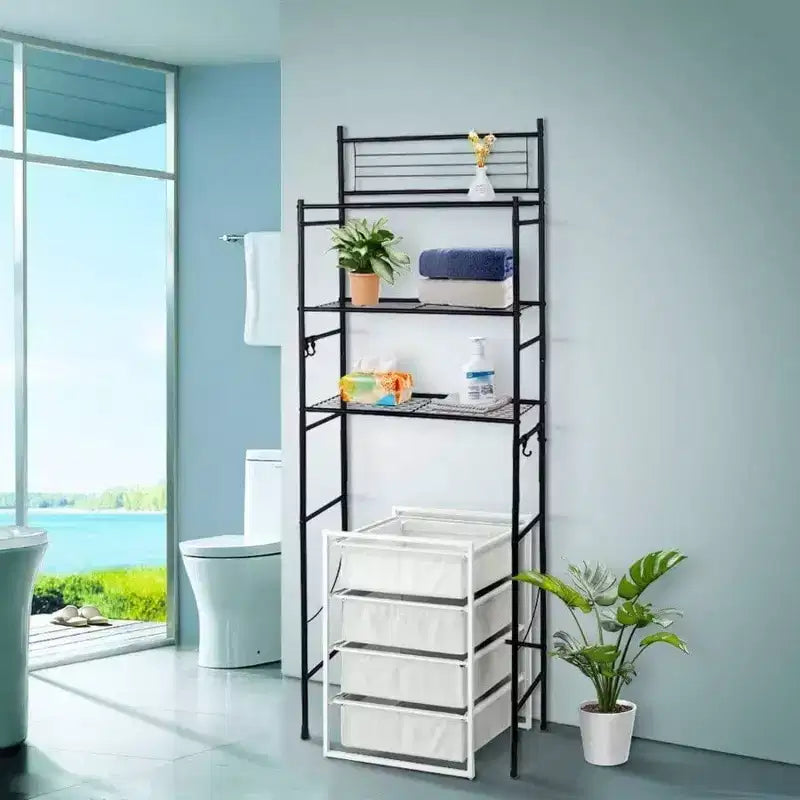 3 - Ripiani mensola organizer in filo per unità indipendente sopra il WC, salvaspazio da bagno, include 4 - Ganci Nero