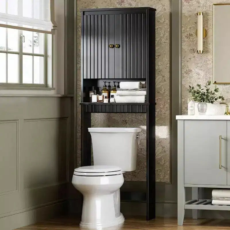 Over Toilet Storage Cabinet, Fluted Panel Doors, Soft Hinges, Black Bathroom Organizer, Space Saver Behind Toilet Rack