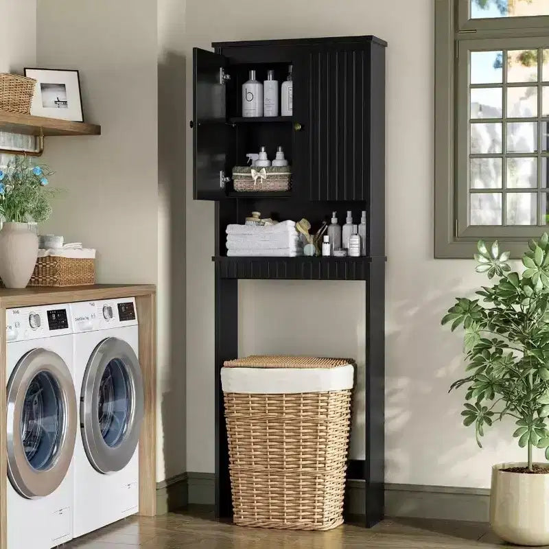 Mobiletto contenitore sopra il WC, Ante con pannello a coste, Cerniere ammortizzate, Organizzatore bagno nero, Salvaspazio dietro il WC