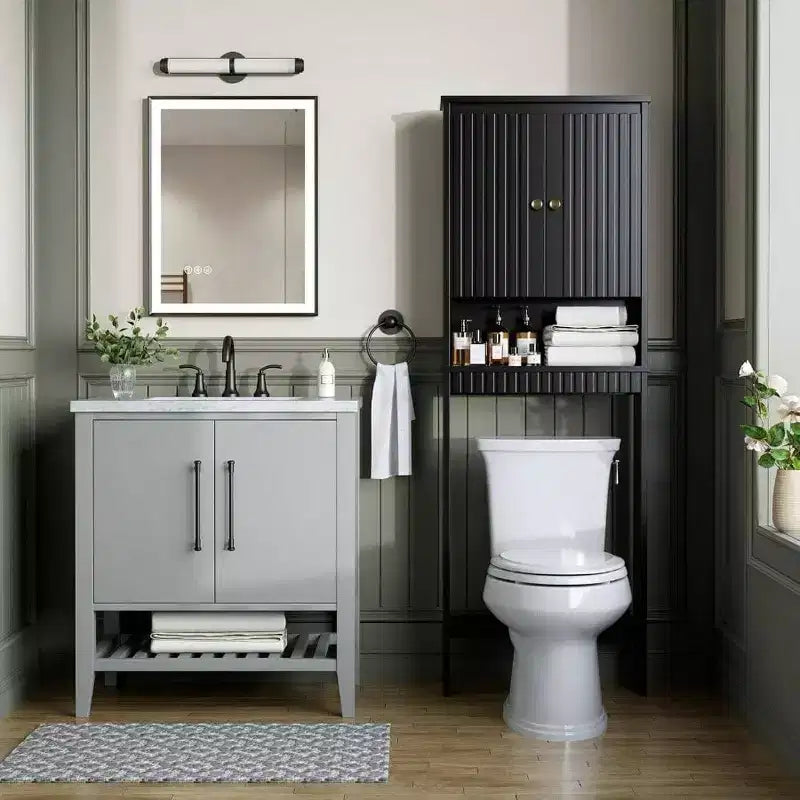 Mobiletto contenitore sopra il WC, Ante con pannello a coste, Cerniere ammortizzate, Organizzatore bagno nero, Salvaspazio dietro il WC