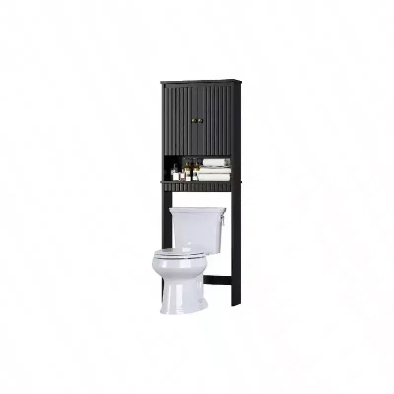 Mobiletto contenitore sopra il WC, Ante con pannello a coste, Cerniere ammortizzate, Organizzatore bagno nero, Salvaspazio dietro il WC