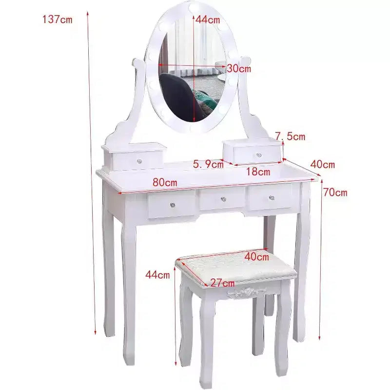 Toeletta, set toeletta da ragazza con specchio illuminato e sgabello, tavolo da trucco con 5 cassetti, tavolo da trucco