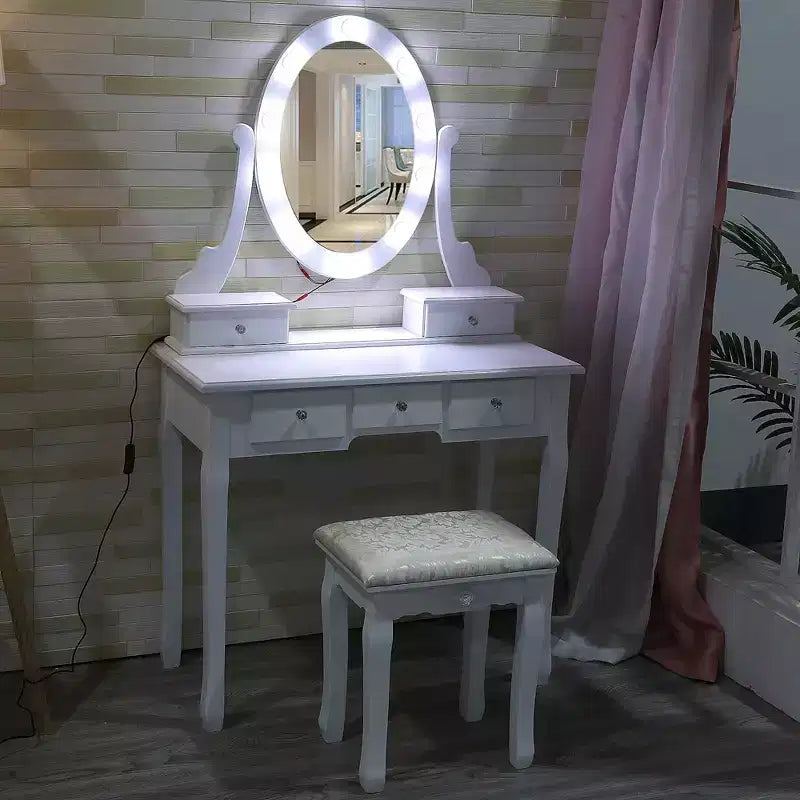 Toeletta, set toeletta da ragazza con specchio illuminato e sgabello, tavolo da trucco con 5 cassetti, tavolo da trucco